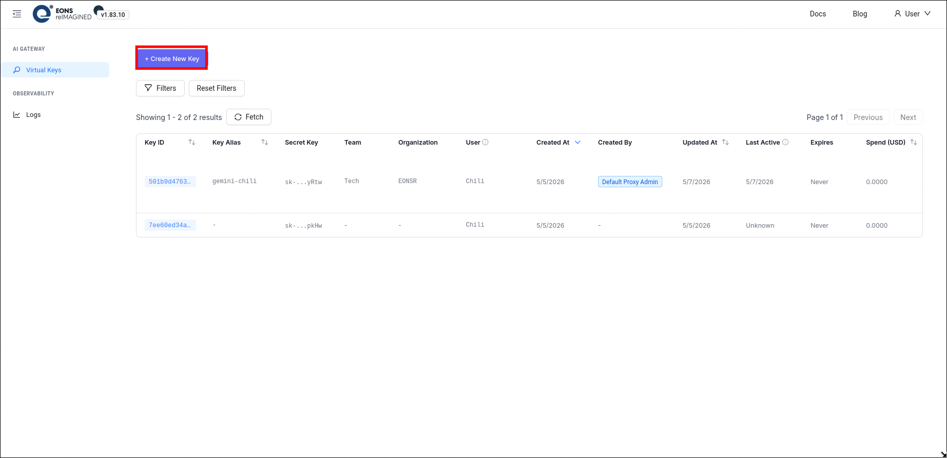 LiteLLM UI ở trang Virtual Keys với nút Create New Key