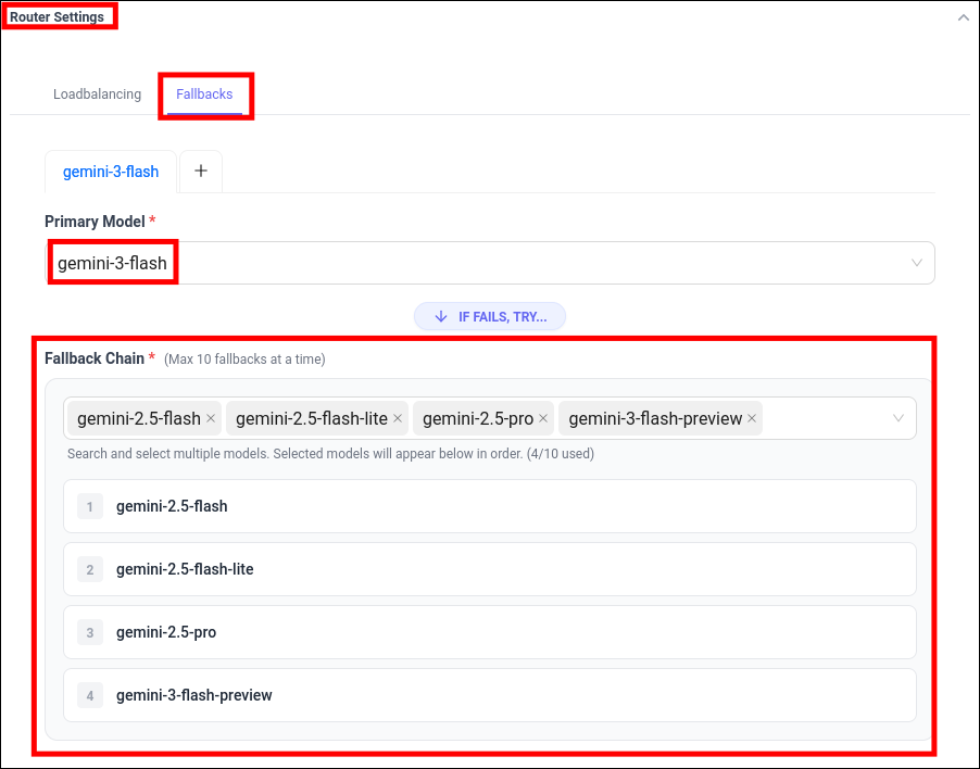 Optional Settings với Router Settings và Fallback Chain