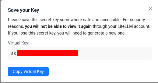 Popup Save your Key với nút Copy Virtual Key
